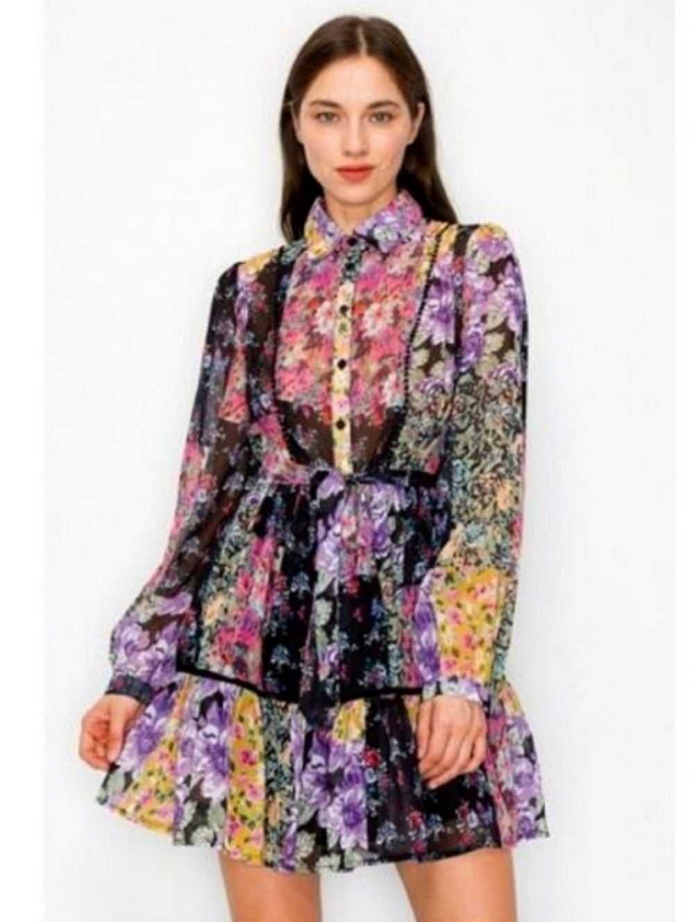 Zara Amelia Floral Patchwork Longsleeve Button Down Mini Dress Size Medium - Picture 15 of 15